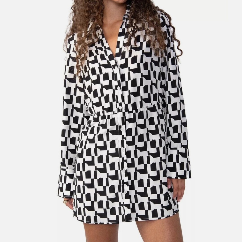 Sanctuary Womens Black & White Collared Cocktail Party Shirtdress